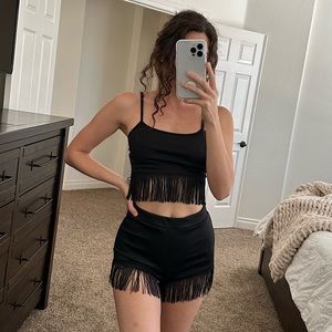 Black Fringe Crop Top + Short Set | NWOT